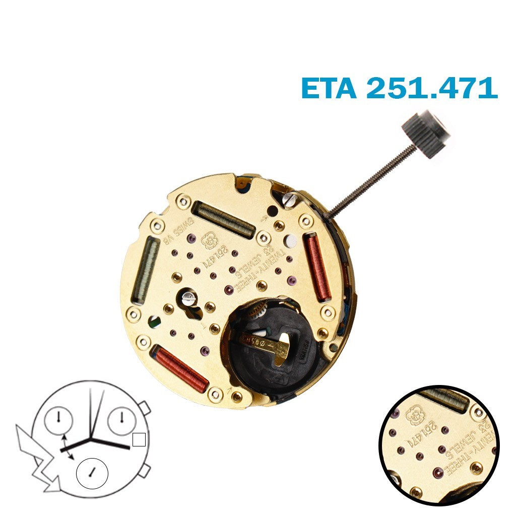 ETA 251.471 Swiss Chronograph Movement-H:6:55mm-Black Date at 3-3 Counter