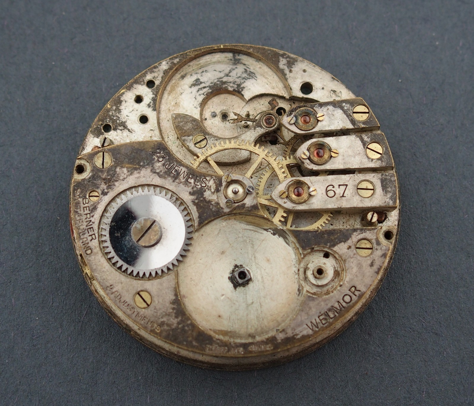 PARTIAL Welmor Swiss Berner 23J Pocket Watch Movement for Parts #F223