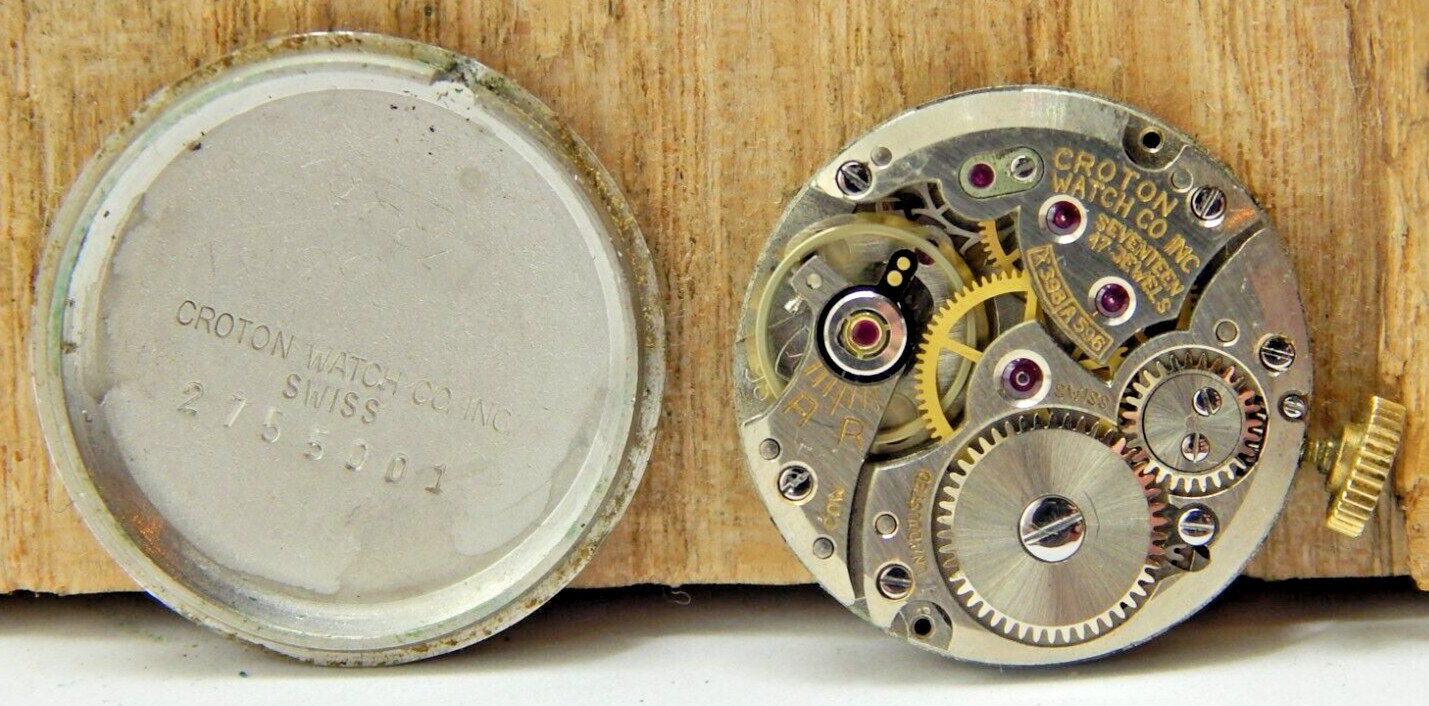 Vintage Croton 17 jewel X398 A596 wrist watch movement with dial hands & crown
