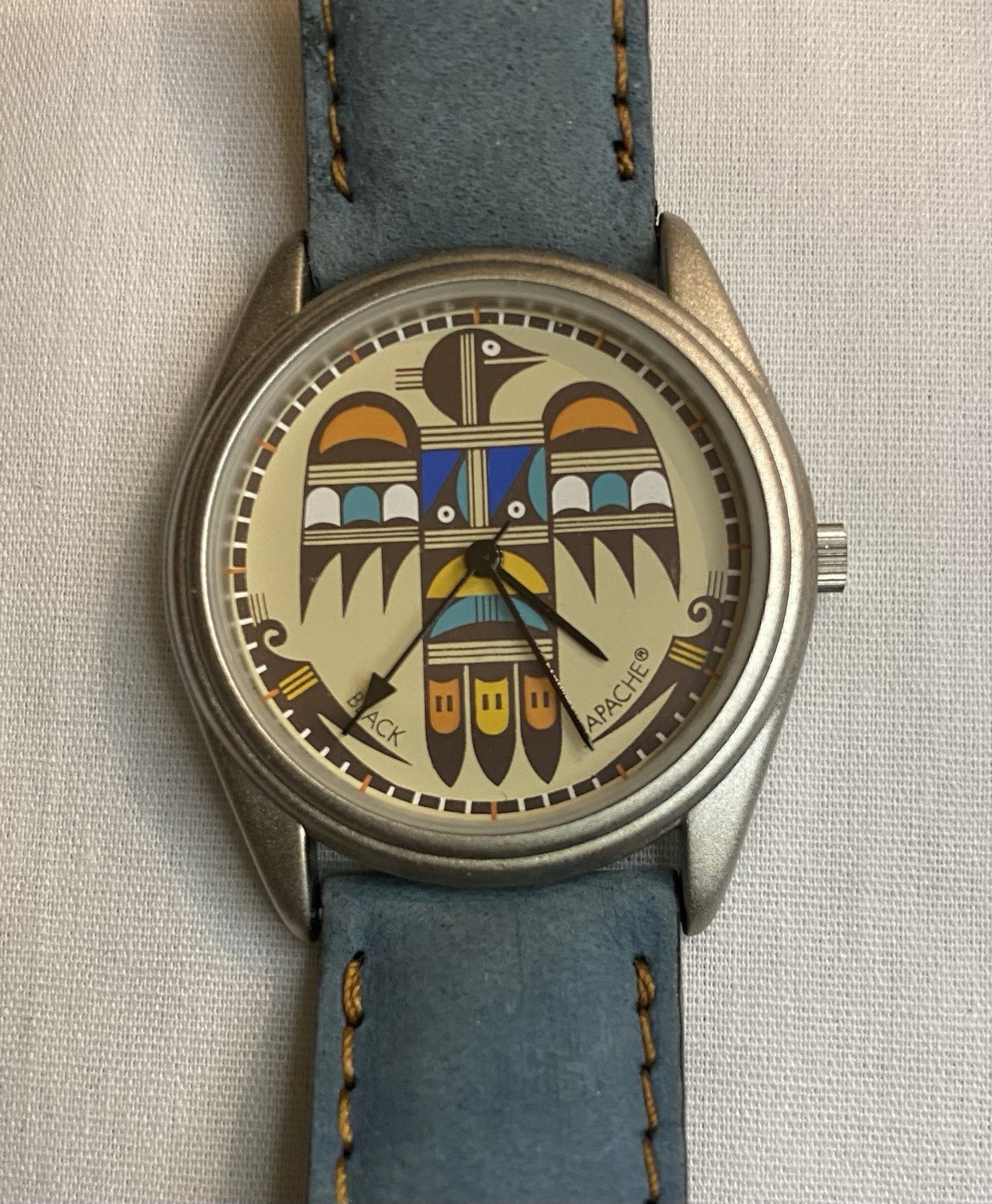 Vintage BLACK APACHE Watch Leather Band French Movement Native American Dial NOS