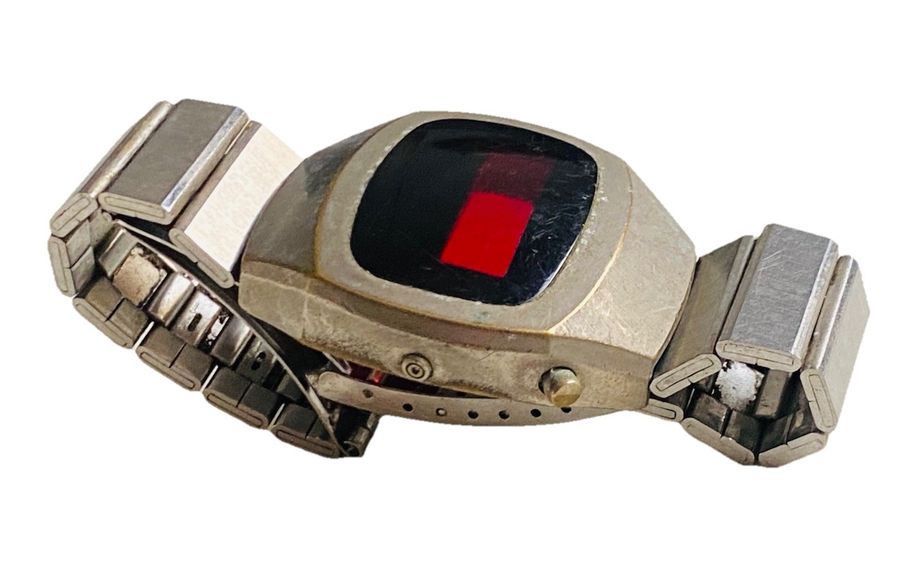 VINTAGE LED WATCH PARTS 1970s Silver Red Glass Frame and Strap Only NO INSIDES