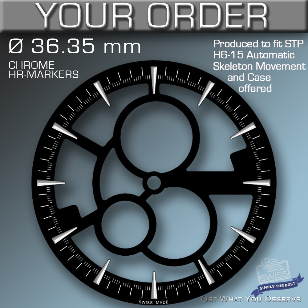 SKELETON DIAL, ETA 2824, SW200, ST P6-15 Ø 36,35 MM, BLACK, SILVER, APPLIED HR-M
