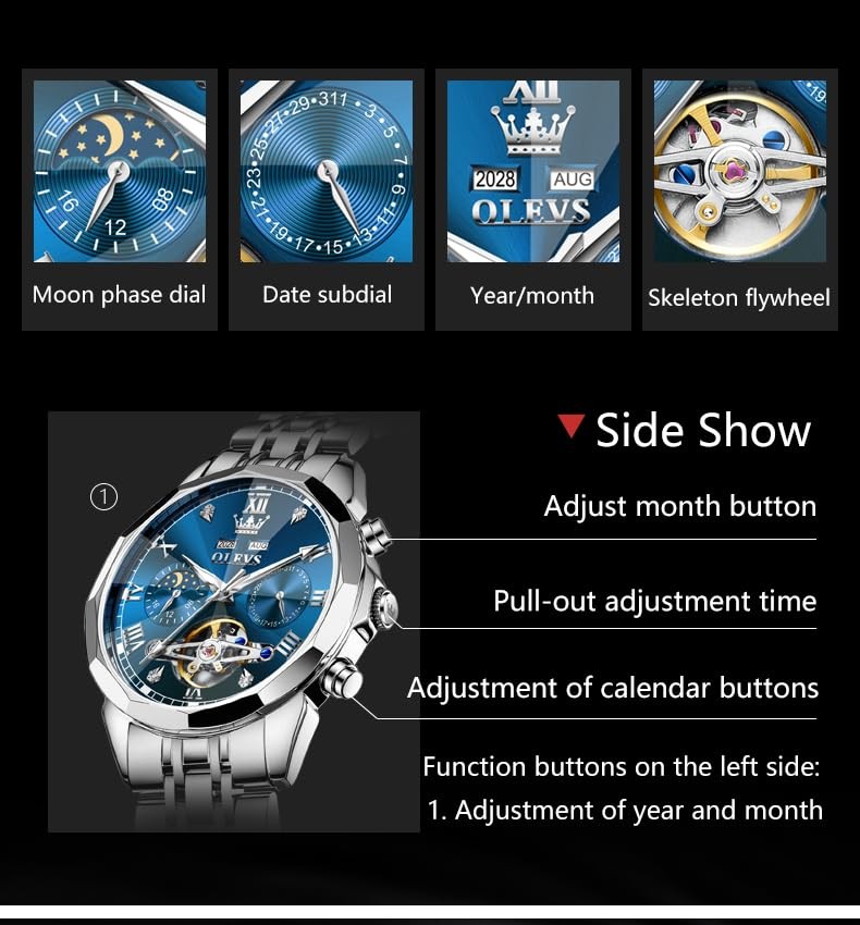 Men Automatic Watch Diamond Skeleton Mechanical G6620: Silver band & Blue dial