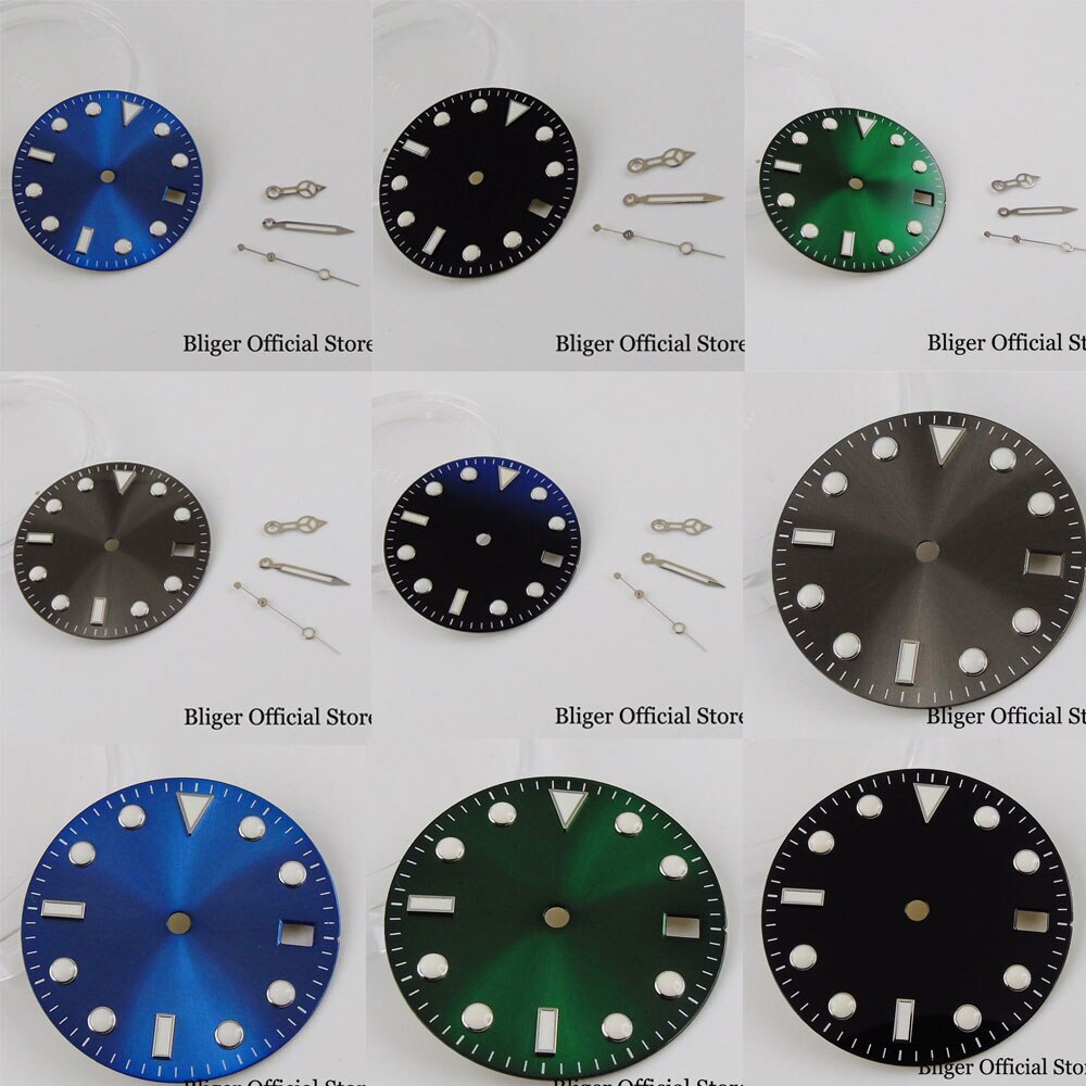 29MM Fit NH35A NH36A Luminous Sunburst Watch Dial Hand Set Green Blue Grey Parts