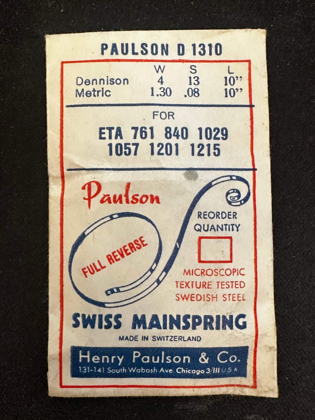 Paulson Mainspring No. D1310 for ETA 761, 840, 1029, 1057, 1201, 1215 – Steel