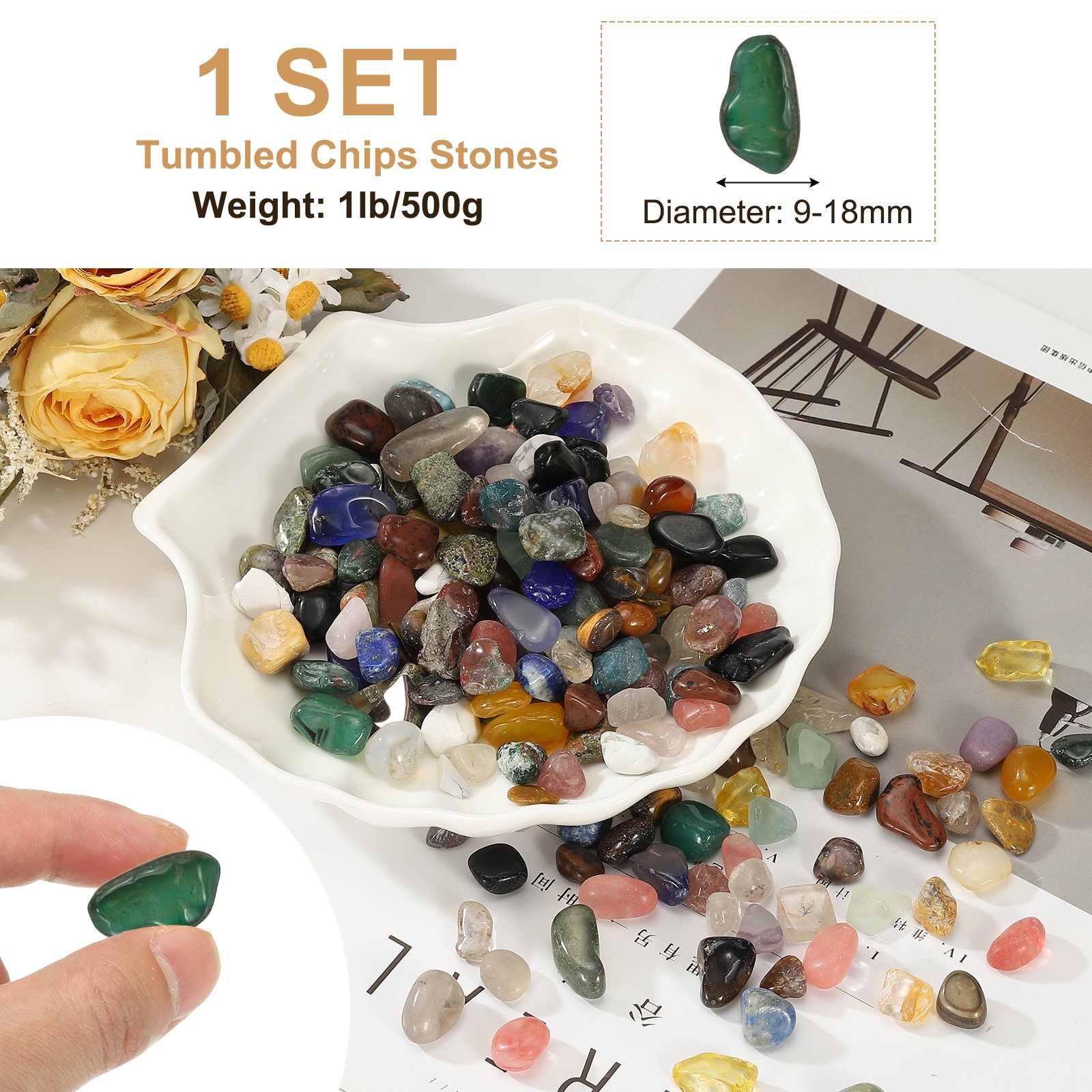 Tumbled Chips Stones, 1lb/500g Fluorite Tumbled Gravel, Green Agate