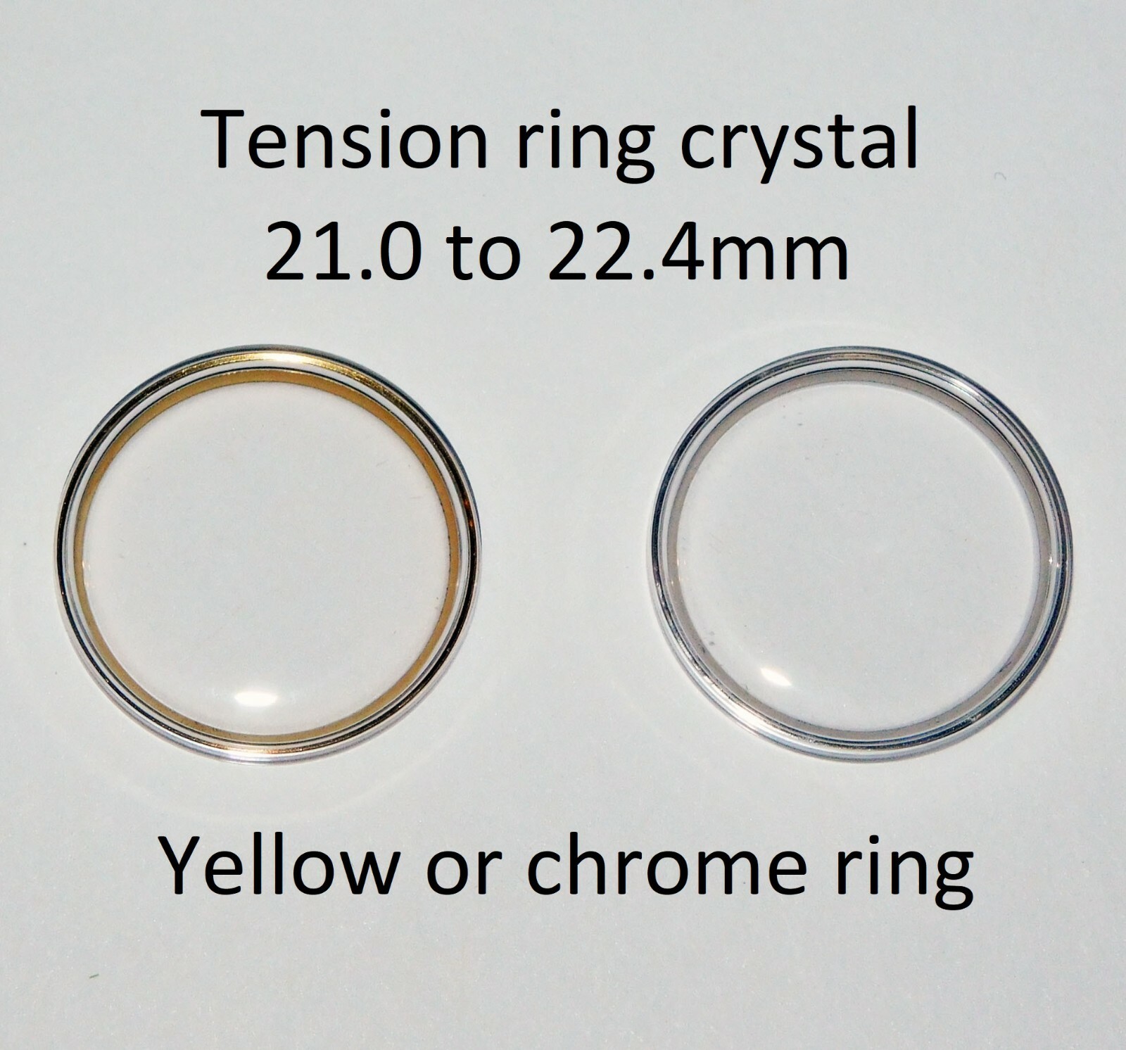 Watch crystal plastic with tension ring 21.0mm to 22.4mm gilt or chrome x 1 pc