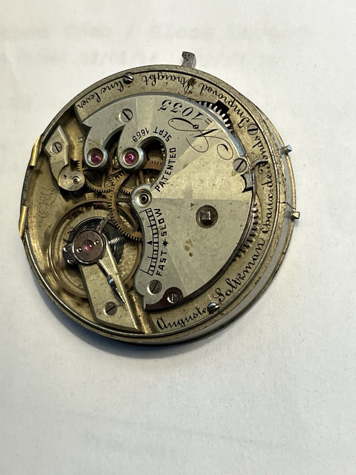 AUGUSTE SALTZMAN 45.22mm POCKET WATCH MOVEMENT RUNNING FREE SHIPPING