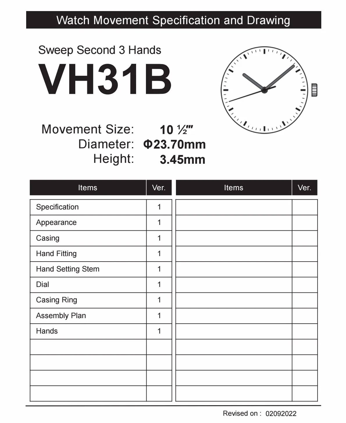 VH31 Quartz Watch Movement TMI High Accuracy Watch Mechanism Smooth Sweep Second