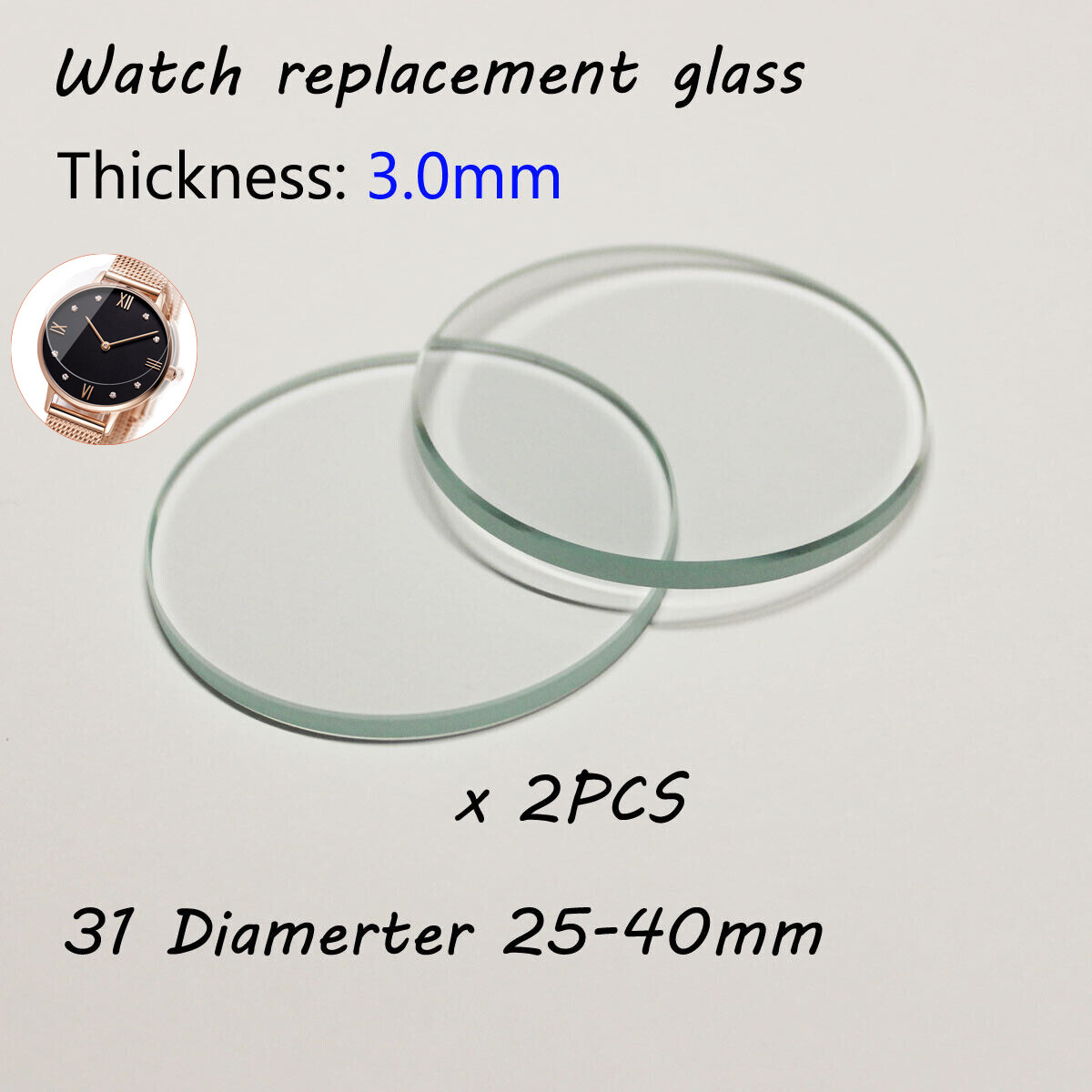 2pcs Thick 3mm Watch Crystal Glass Mirror Watch Replacement Parts 25mm-40mm Lens