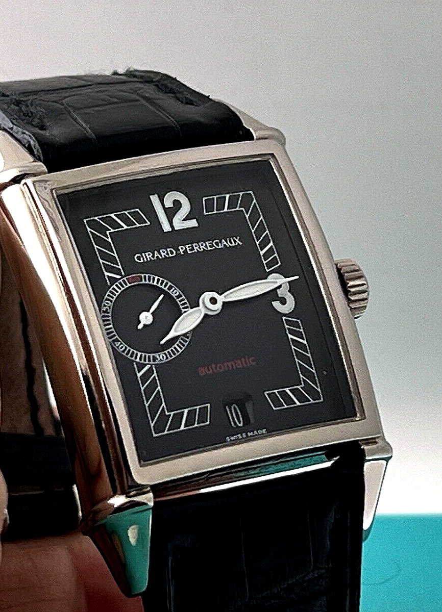 Girard Perregaux Watch 1945 Vintage 18k White Gold Ref 2596 Black Dial Art Deco