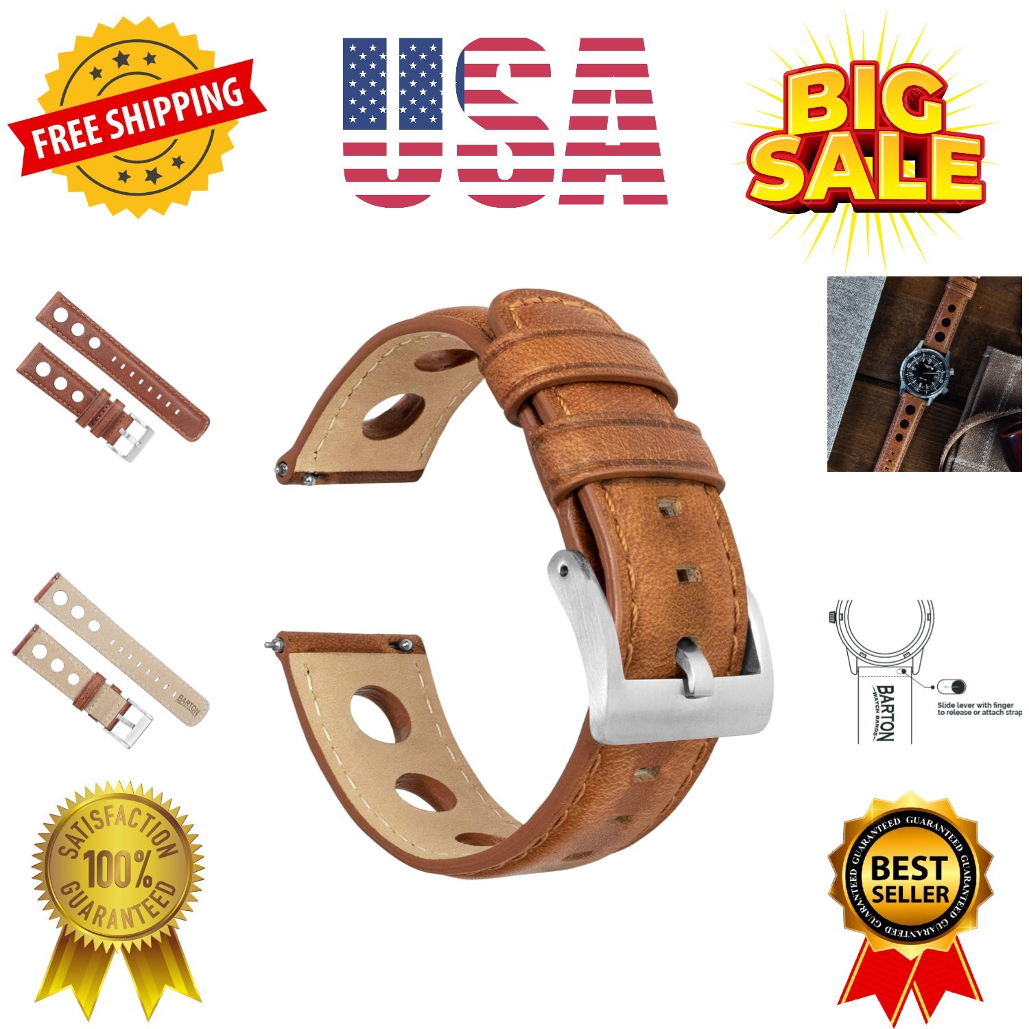 Barton Racing & Rally Horween Leather Straps with Integrated Quick Release Sp…