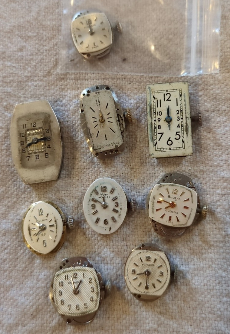 Lot of 9 Vintage Ladies Dress Watch Movements For Parts or Repairs. See Pictures