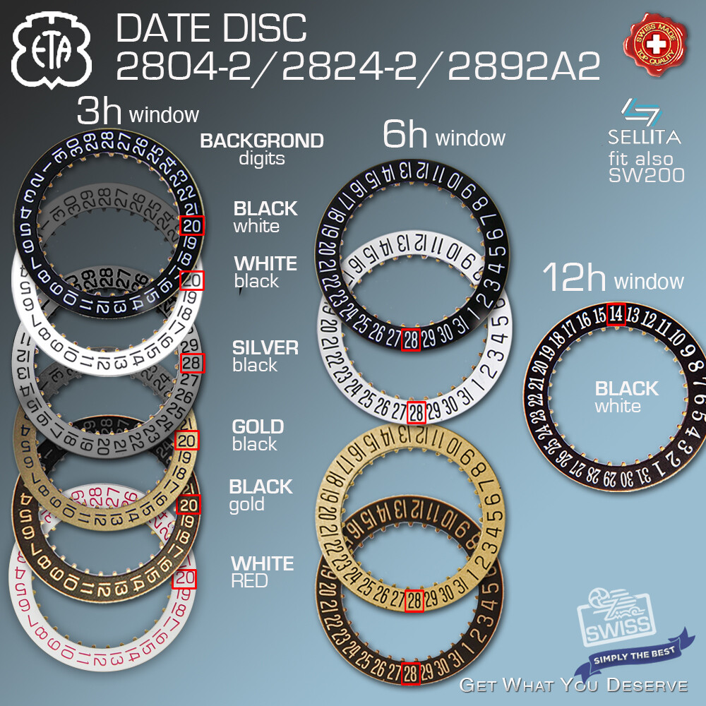 DATE DISC FOR MOVEMENT ETA 2804-2, 2824-2, 2892A2, DIV. POISITONS + COLORS