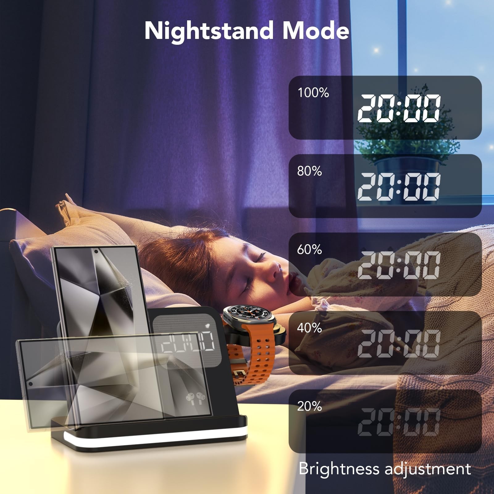 4 in 1 Wireless Charger with Alarm Clock Compatible for Galaxy Watch 8/7/Ultr…