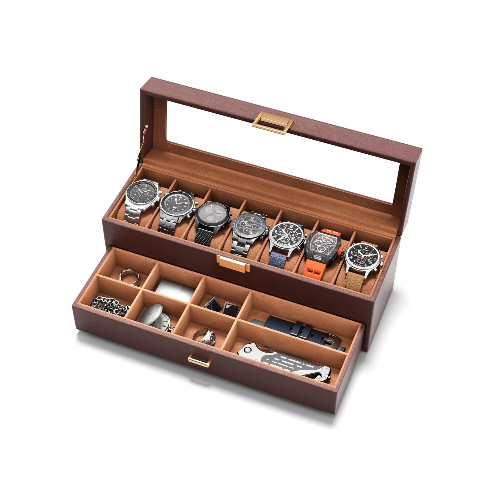 Watch Case Box for Men – 7 SLots Watches Storage Organizer Real-Glass Display…