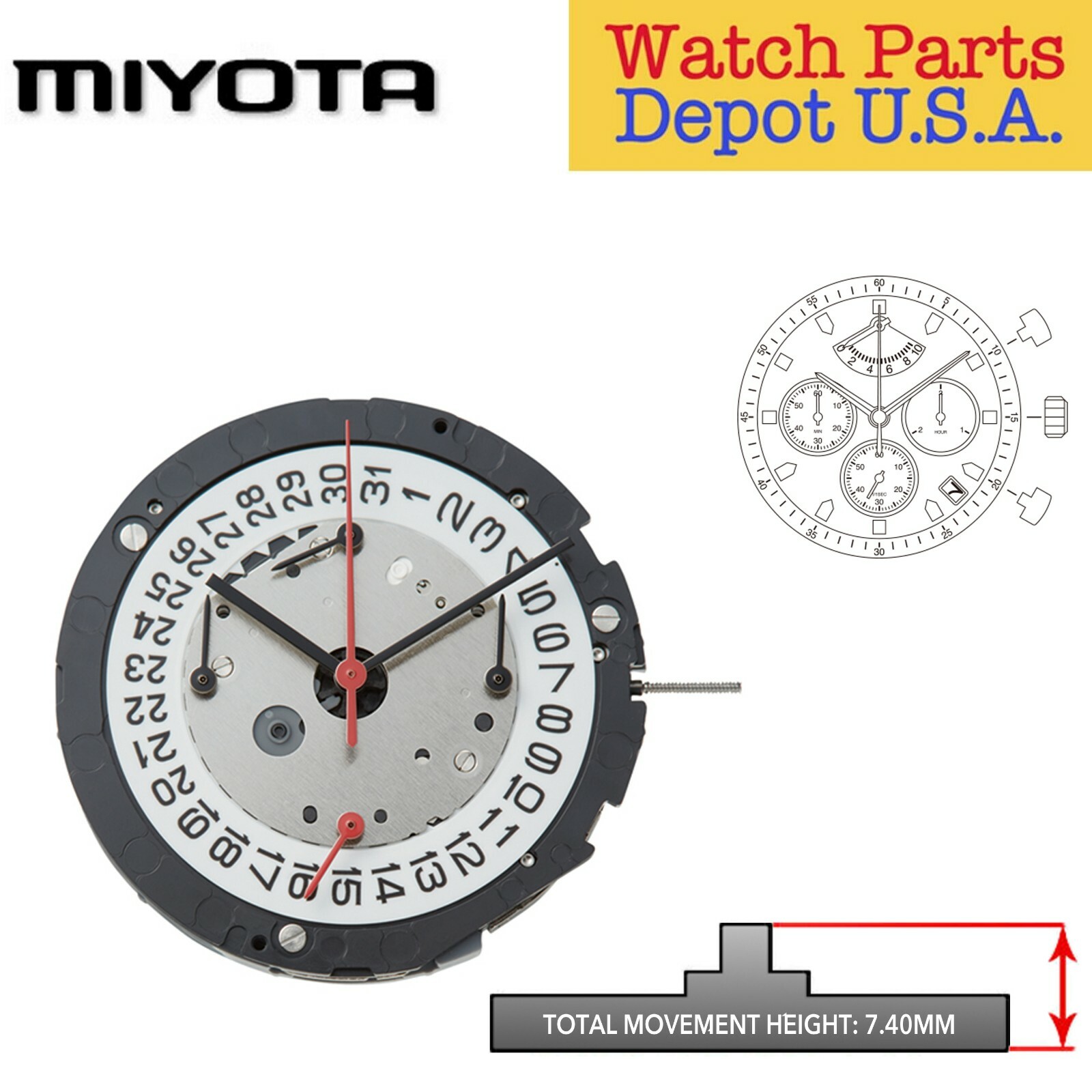 Original Miyota 6SA2 Japan Quartz Chronograph Movement, 3 Hands, Date at 4:30