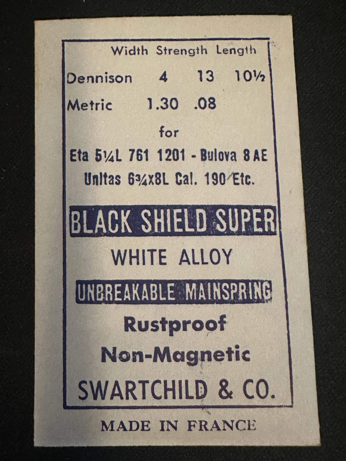 Swartchild Black Shield SUPER Mainspring for ETA 761, 1201, Bulova 8AE, Unitas 1