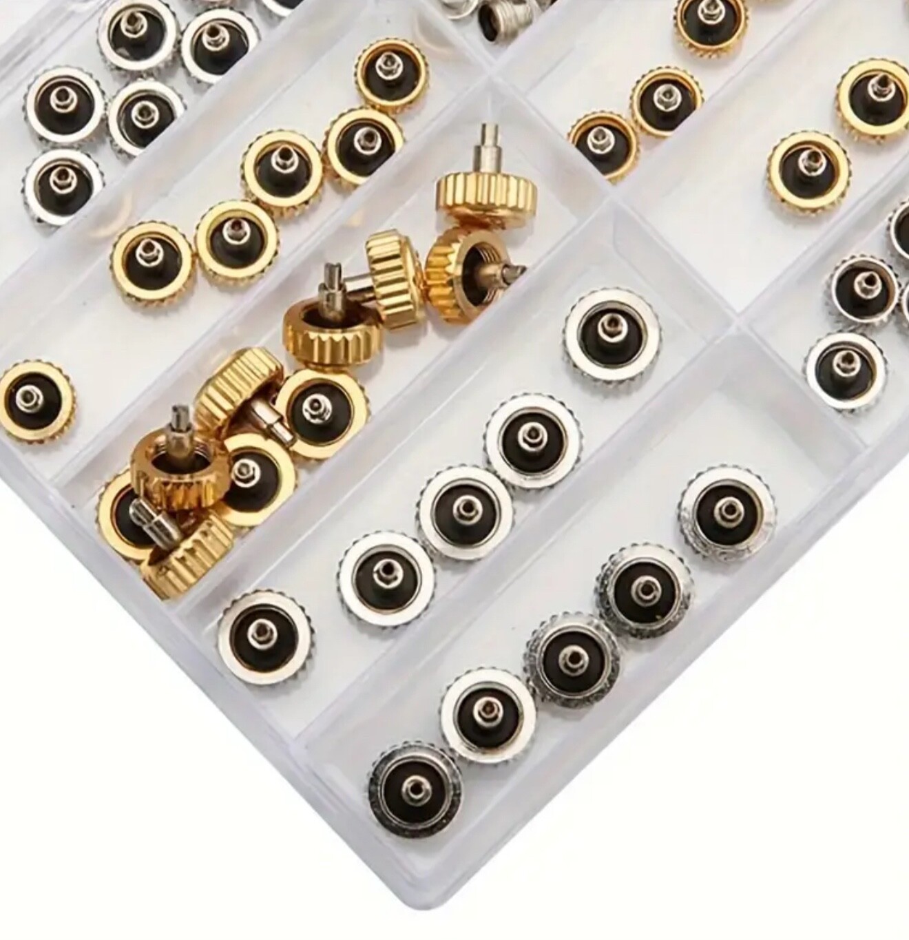 100 Stainless Steel Watch Crown Assorted Gold Silver Flat Long Head Crowns Mixed