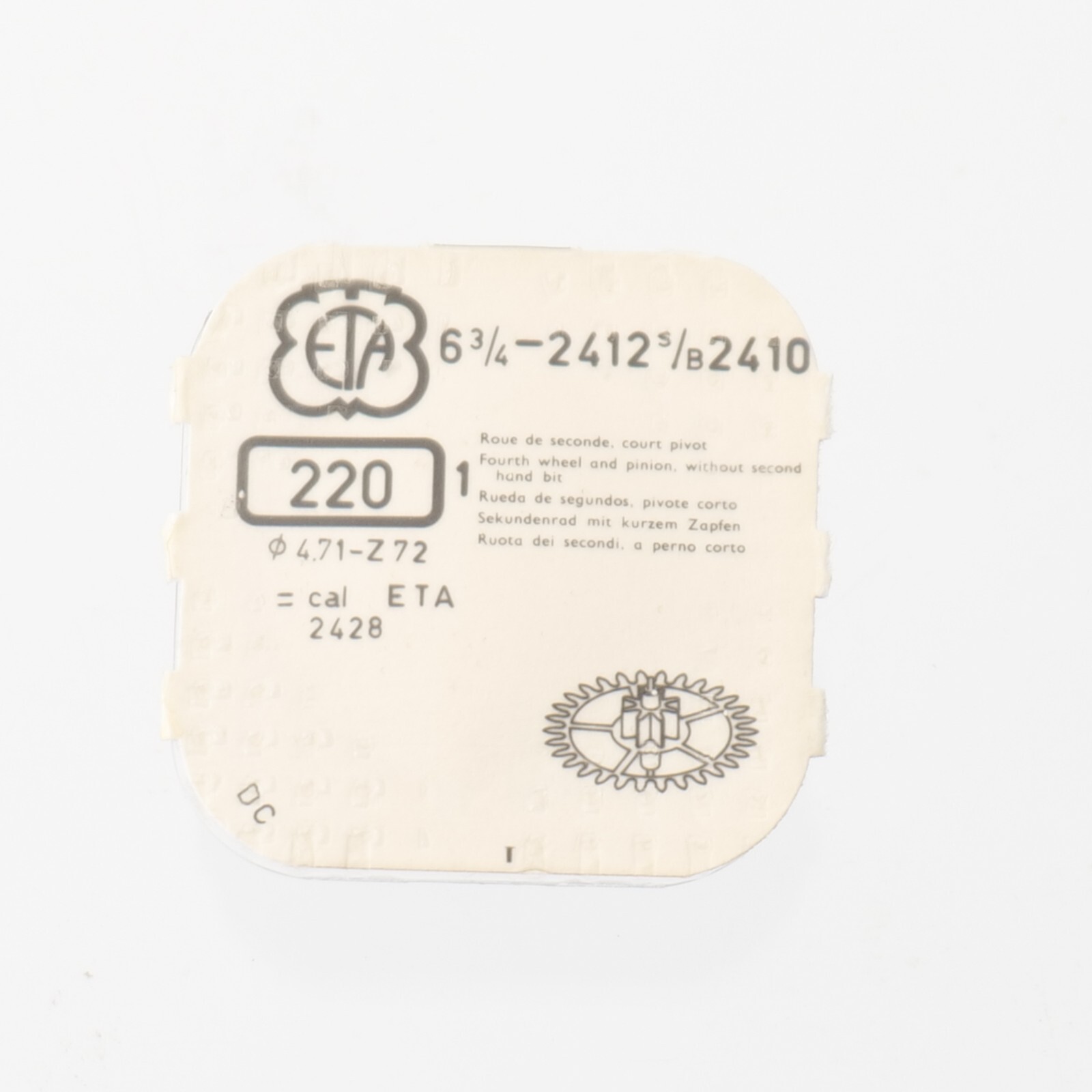 ETA 2412, 2428 Watch Fourth Wheel Part #220 Watchmakers New Old Stock (C15D19)