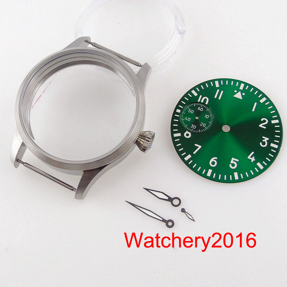 Manual Brushed 42mm Watch Case Luminous index Blue Green Dial Fit ETA 6497