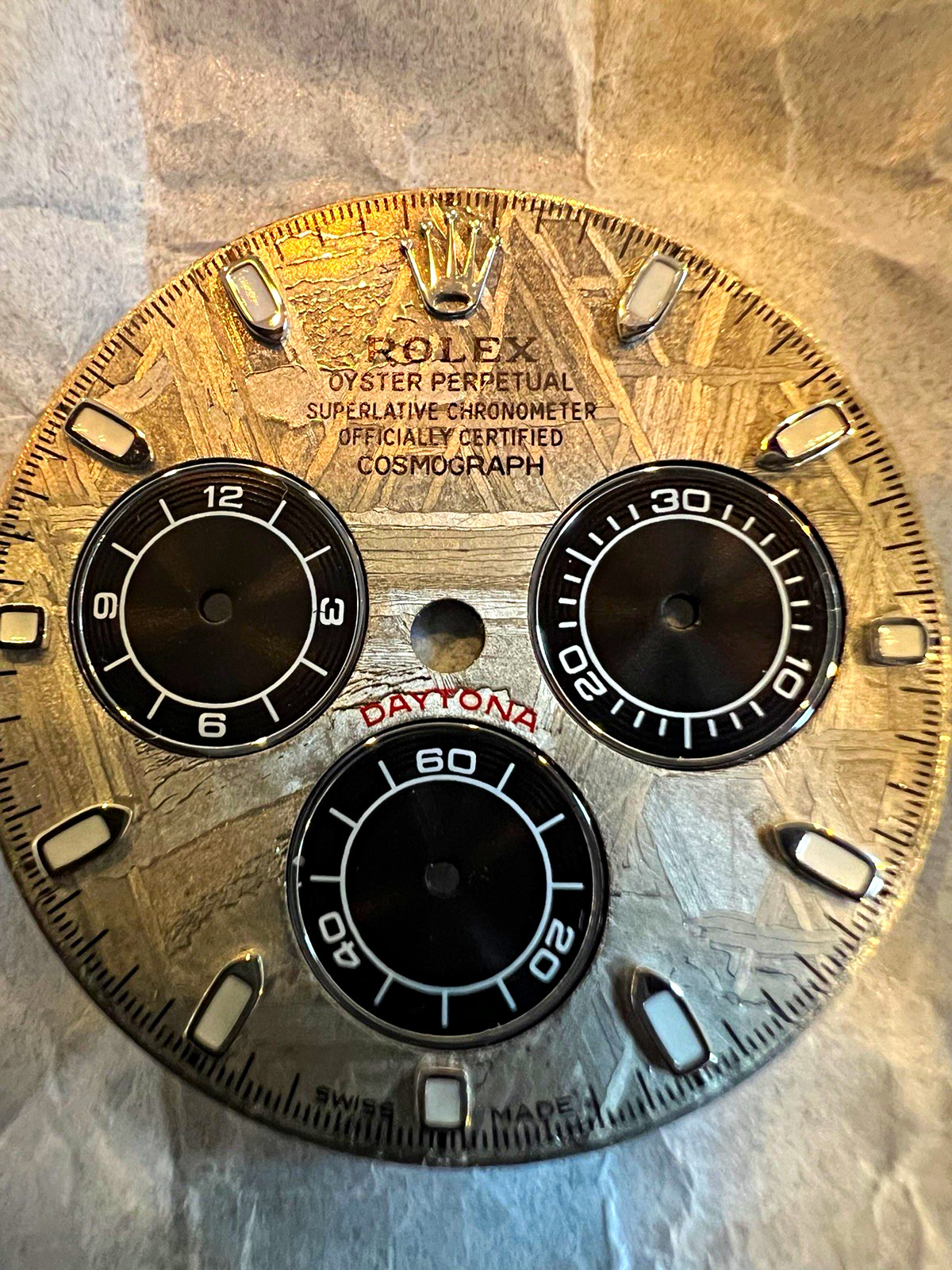 Rolex Daytona Dial Silver Meteorite w/ Black Subdials Non-Numeric Hour Marks.