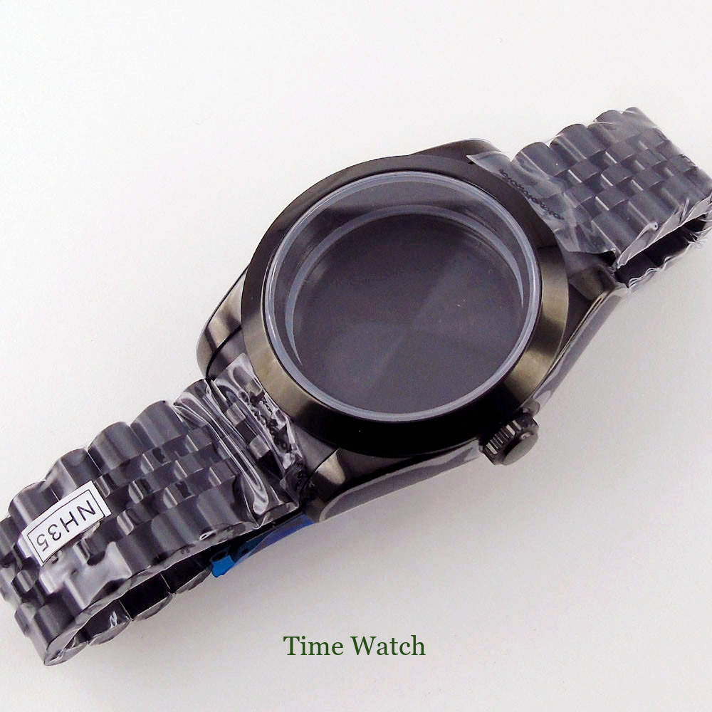 39/36mm Black PVD Sapphire Watch Case+Strap For NH35 Miyota8215 DG2813 ETA2836