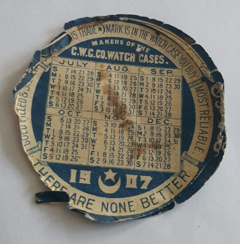 1907 Crescent Watch Case Co Paper Calendar Repair Insert Newark N.J.