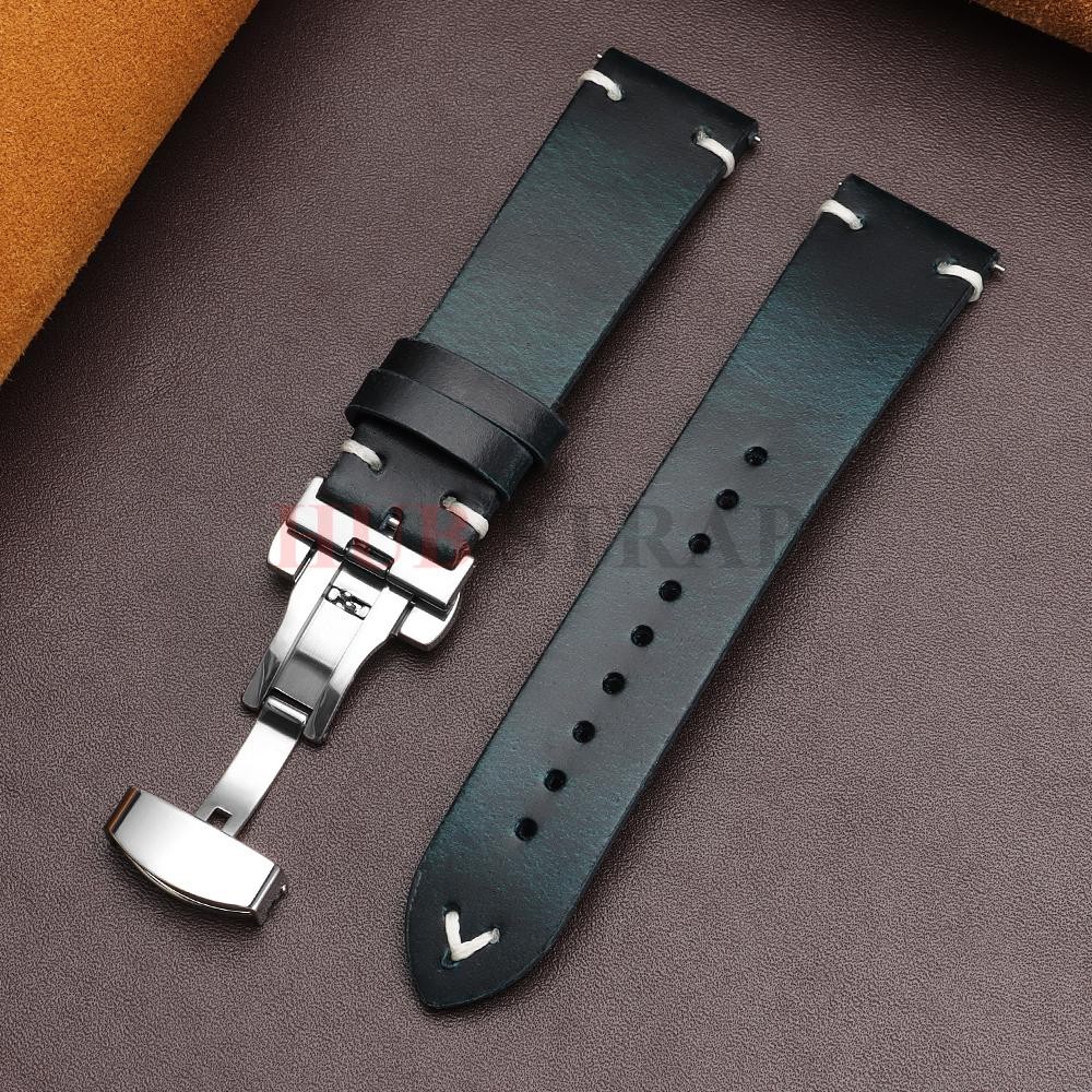 Genuine Leather Butterfly Buckle Watch Bands 18/20/22mm Waterproof Retro Oil Wax