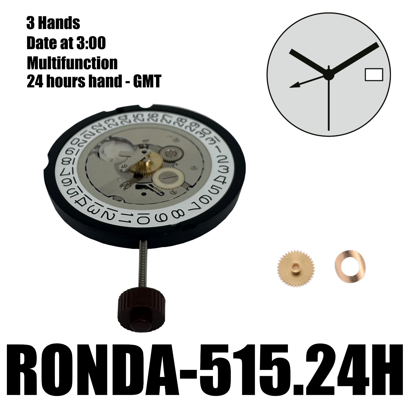 Genuine Ronda 515.24H Quartz Movement Swiss 3 Hand GMT Watch Repair Part 1 Jewel
