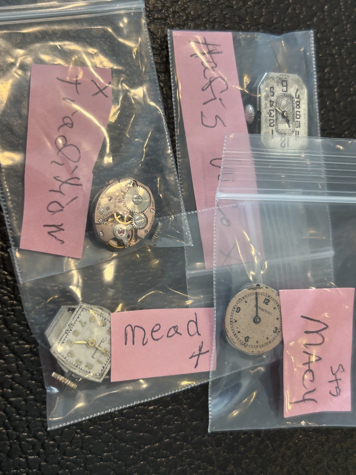 J) 4 VINTAGE LADIES WATCH PARTS -MEAD -MACY- HAFIS W CO. -TRADITION