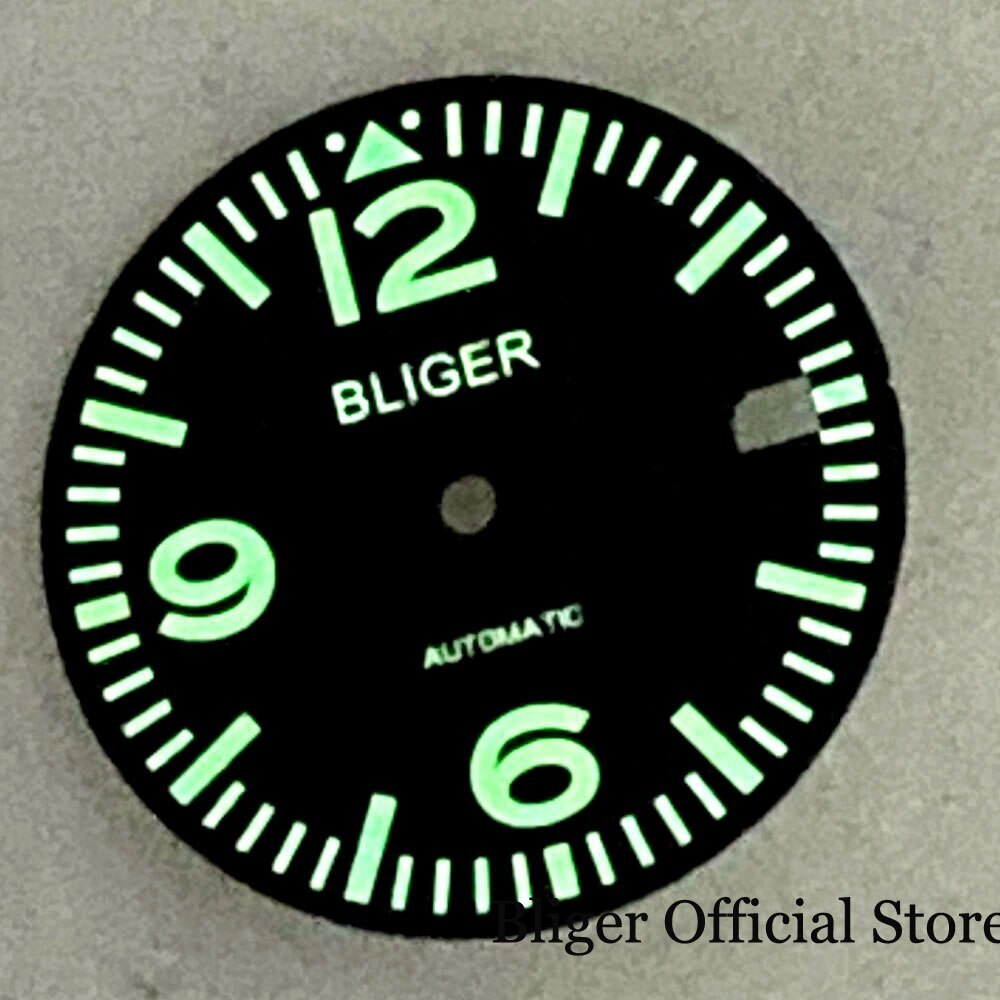 BLIGER fit NH35A Green Luminous 29mm BLACK Watch Dial Date Calendar Window Hand