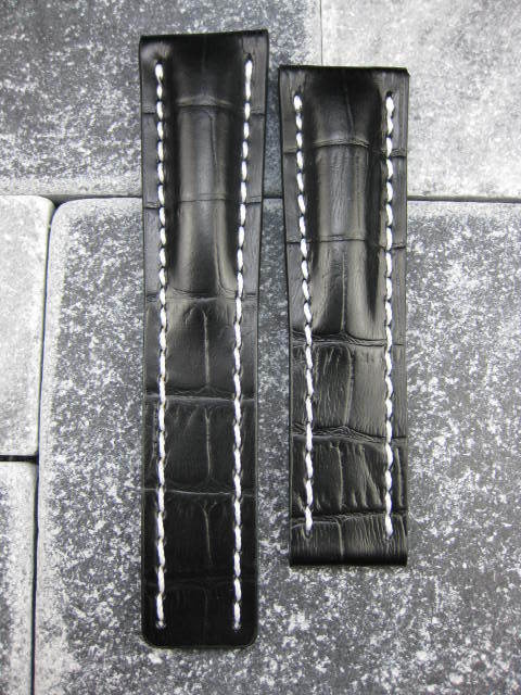 24mm Super Avenger Black Deployment Grain Leather Strap Watch Band for BREITLING