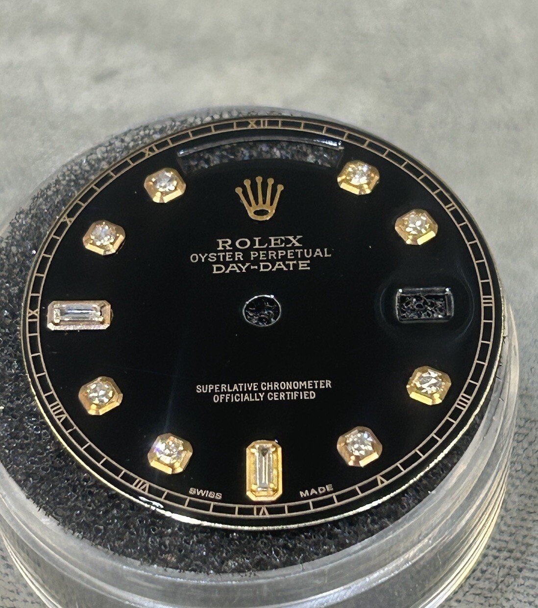 Rolex 41mm Day Date II Watch Custom Black Baguette Diamond Dial For Model 218238