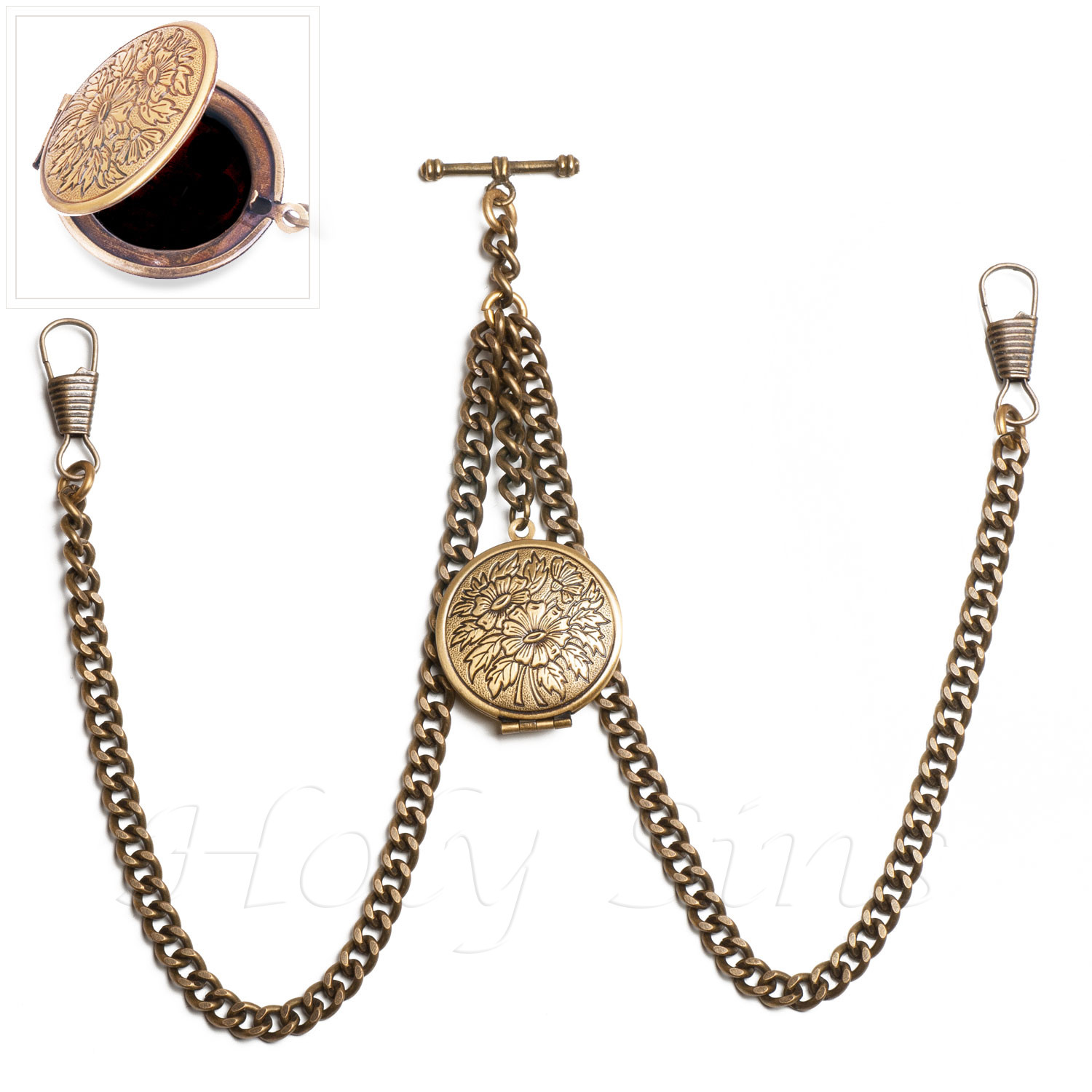 Brand New Bronze Colour Double Albert Pocket Watch Fob Chain With Locket