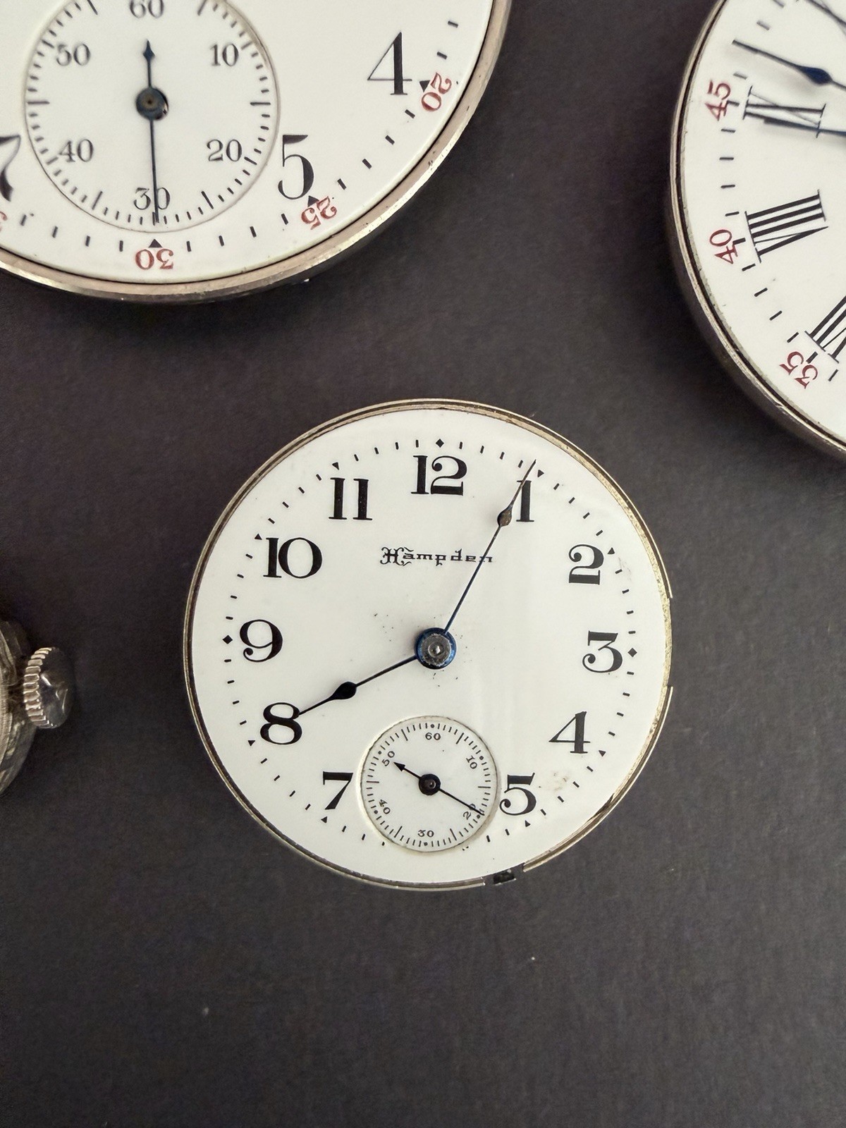 Vintage Lot of 4 Pocket & 1 Swiss Wrist Watch Movements Elgin Waltham Hampden