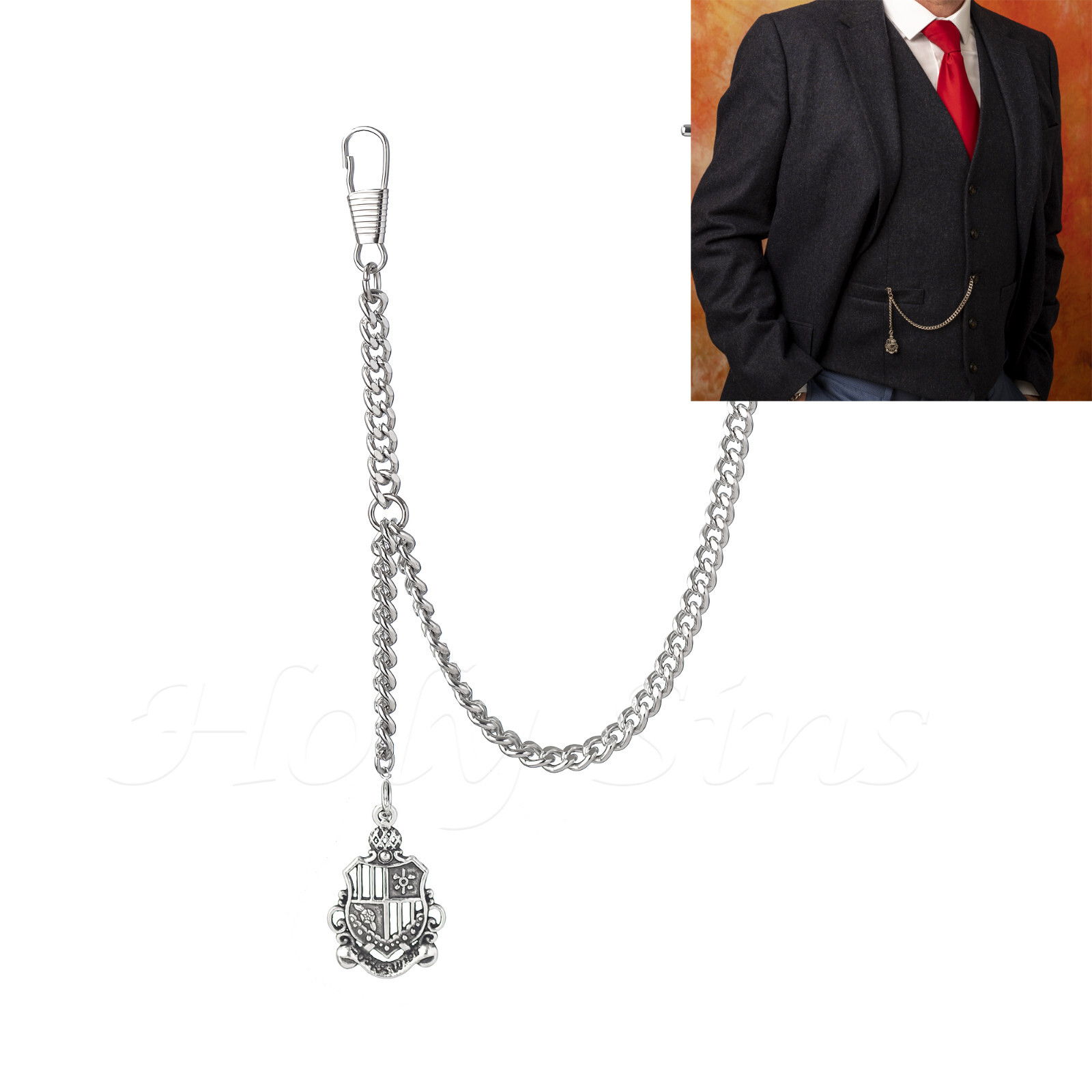 Silver Colour Single Albert Pocket Watch Chain With Shield Pendant 043-S