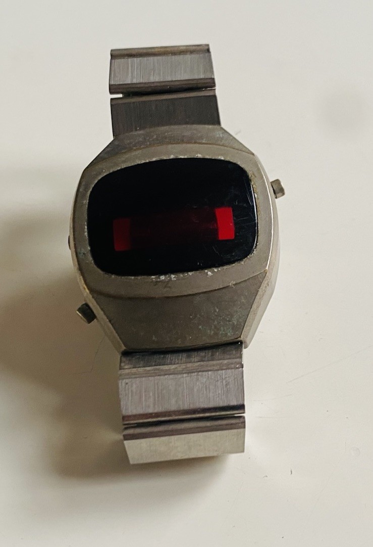 VINTAGE LED WATCH PARTS 1970s Silver Red Glass Frame and Strap Only NO INSIDES
