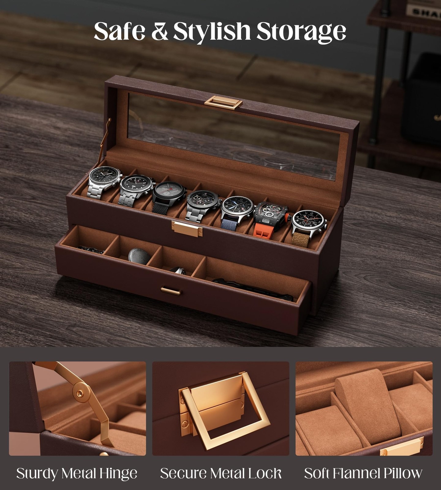 Watch Case Box for Men – 7 SLots Watches Storage Organizer Real-Glass Display…