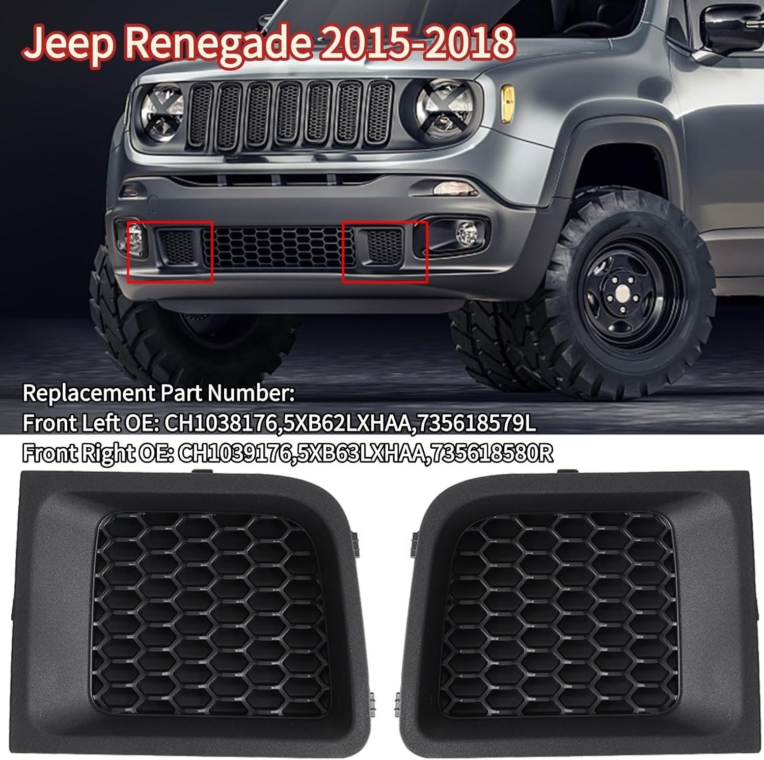 Front Bumper Grille Insert Bezel Cover Replacement (LH + RH) for Jeep Renegade 2