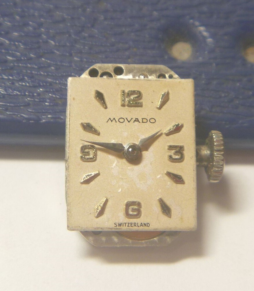 1940s Movado Factories Ladies 17 Jewels 5 x 7 Ligne Size Mov’t Dial Hands !!