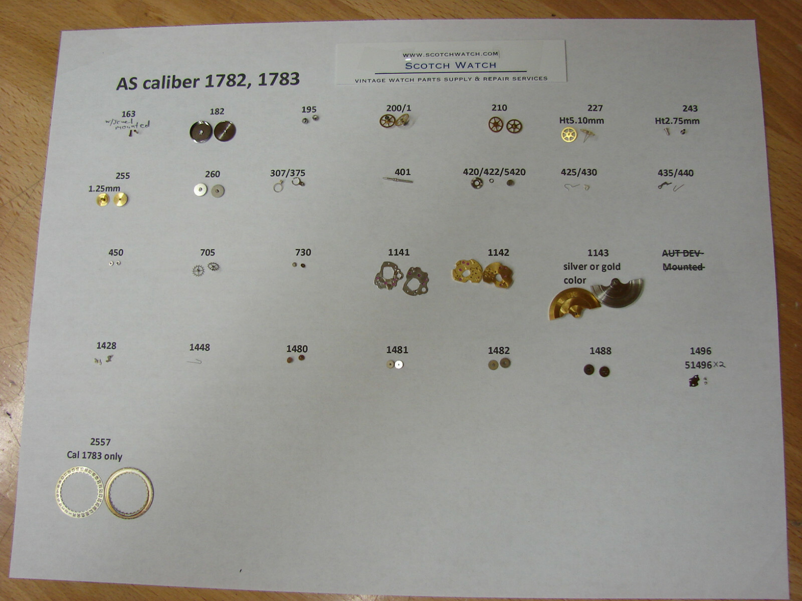AS(A schild) 1782, 1783 watch parts #163, 227, 705, 730, 1141, 1143, 1488, 1496+
