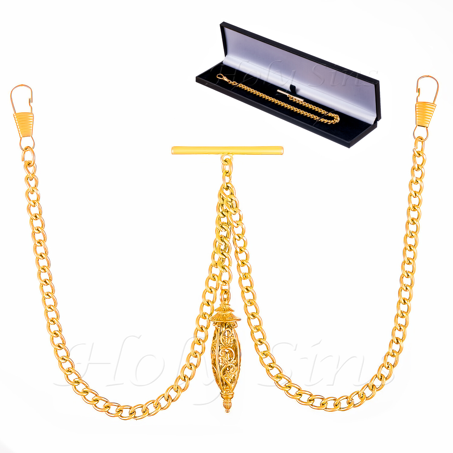 Brand New Gold Colour Double Albert Pocket Watch Chain With Pendant 192