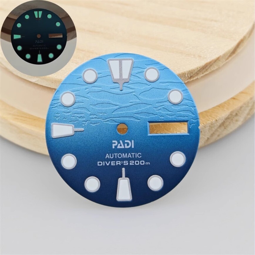 28.5mm NH35 Dial + Hands Gradient Blue 3D Dial Green Lume for NH35/NH36Movement