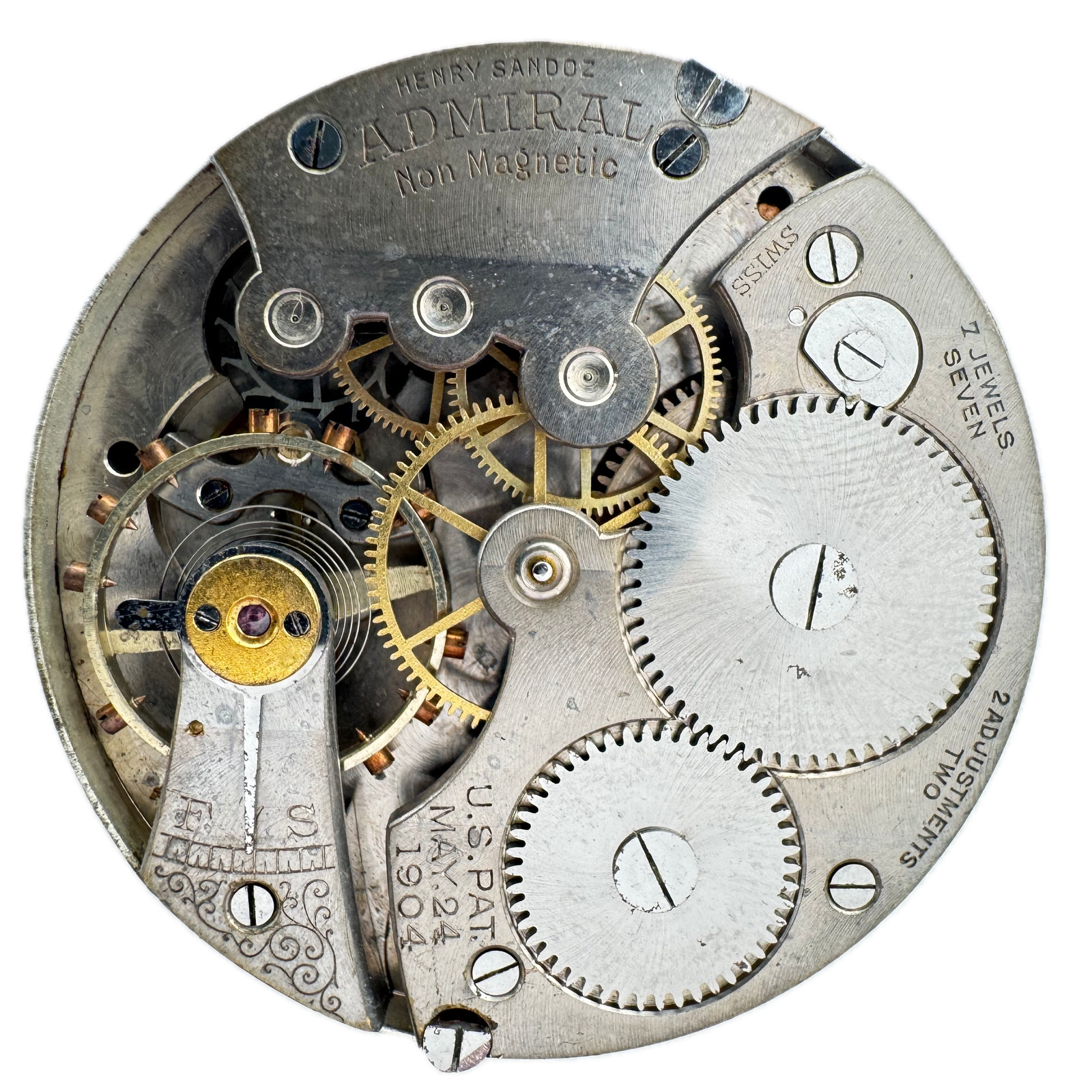 Antique 1904 Admiral Non Magnetic Henry Sandoz 7J Pocket Watch Movement Swiss