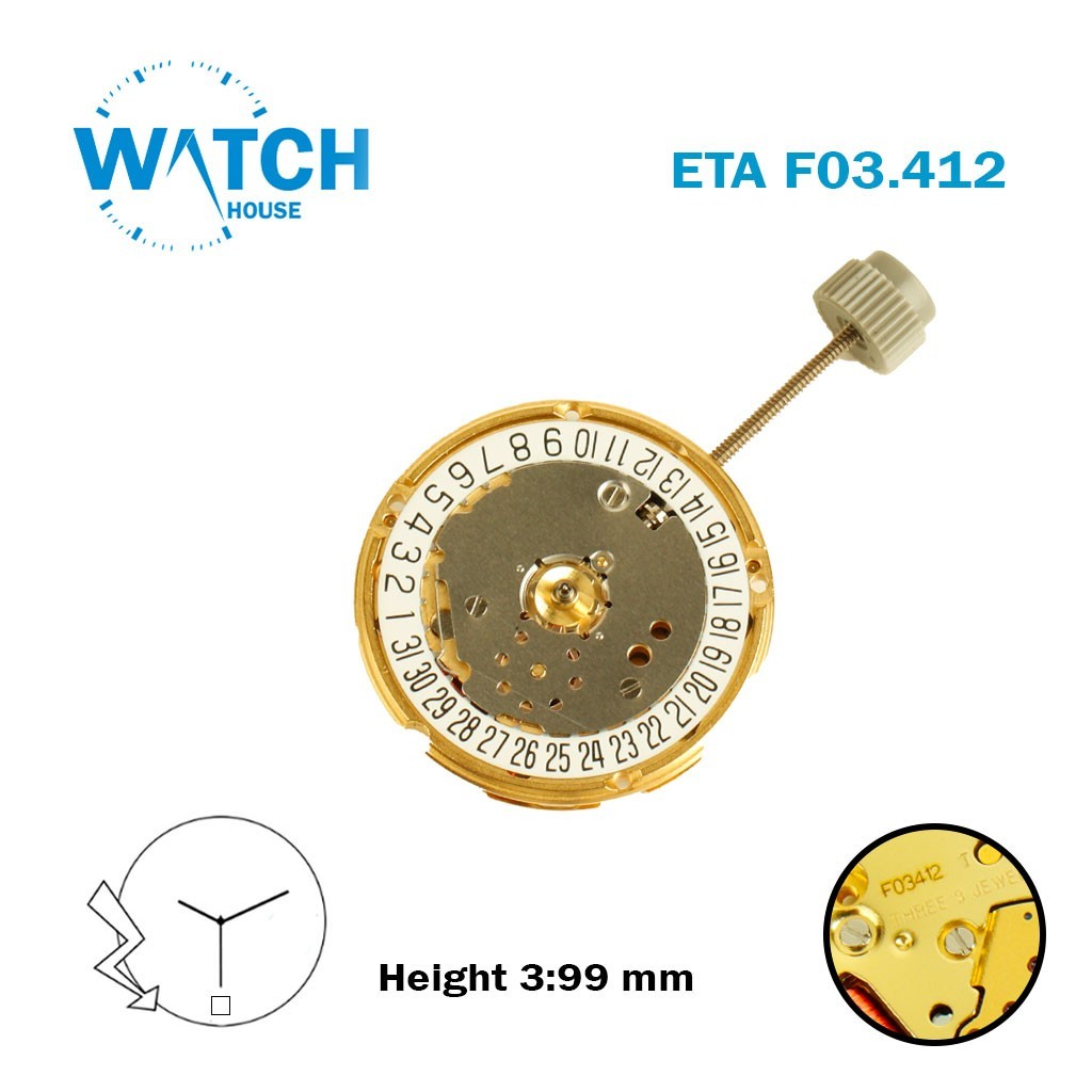ETA F03.412 Swiss Quartz Movement, White Date Disk AT 6, Height 3.99 mm – NOS –