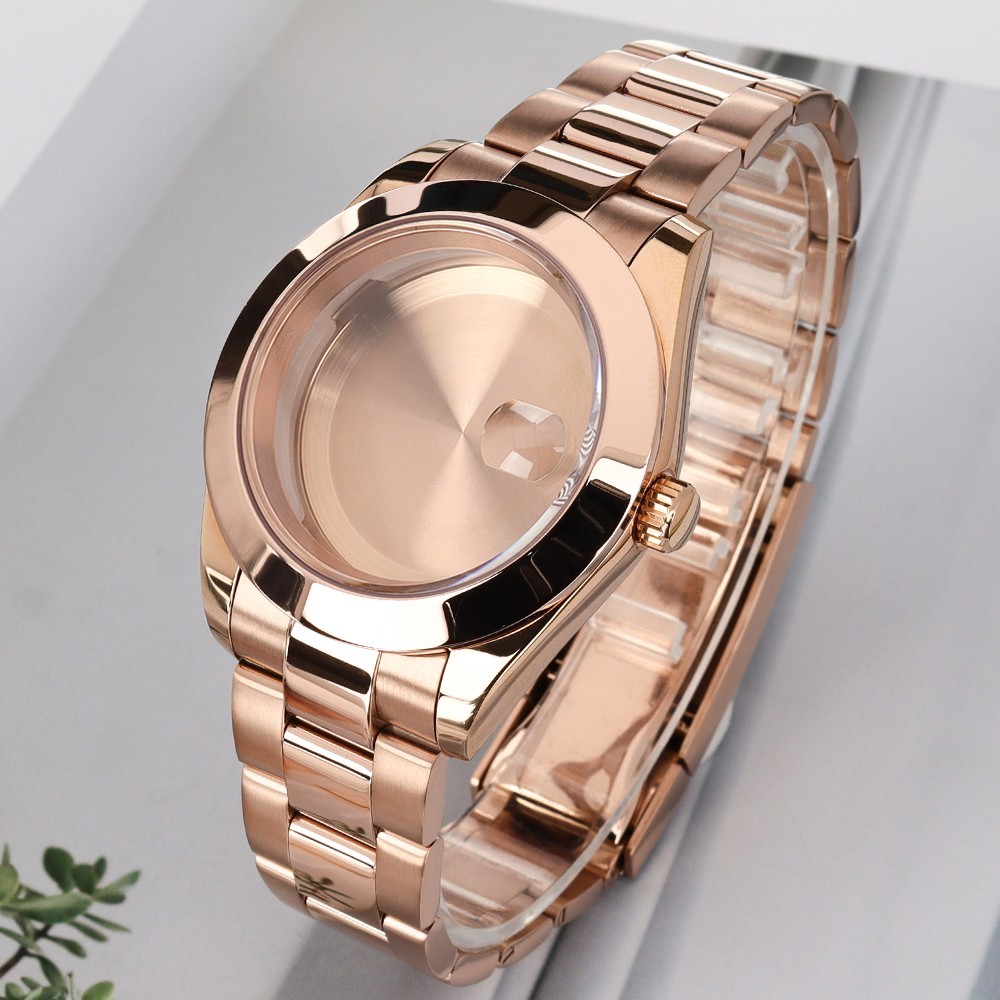 Rose Gold Oyster Brushed Watch Case+Fine Steel BAND 10ATM For Seiko NH35 34 NH36