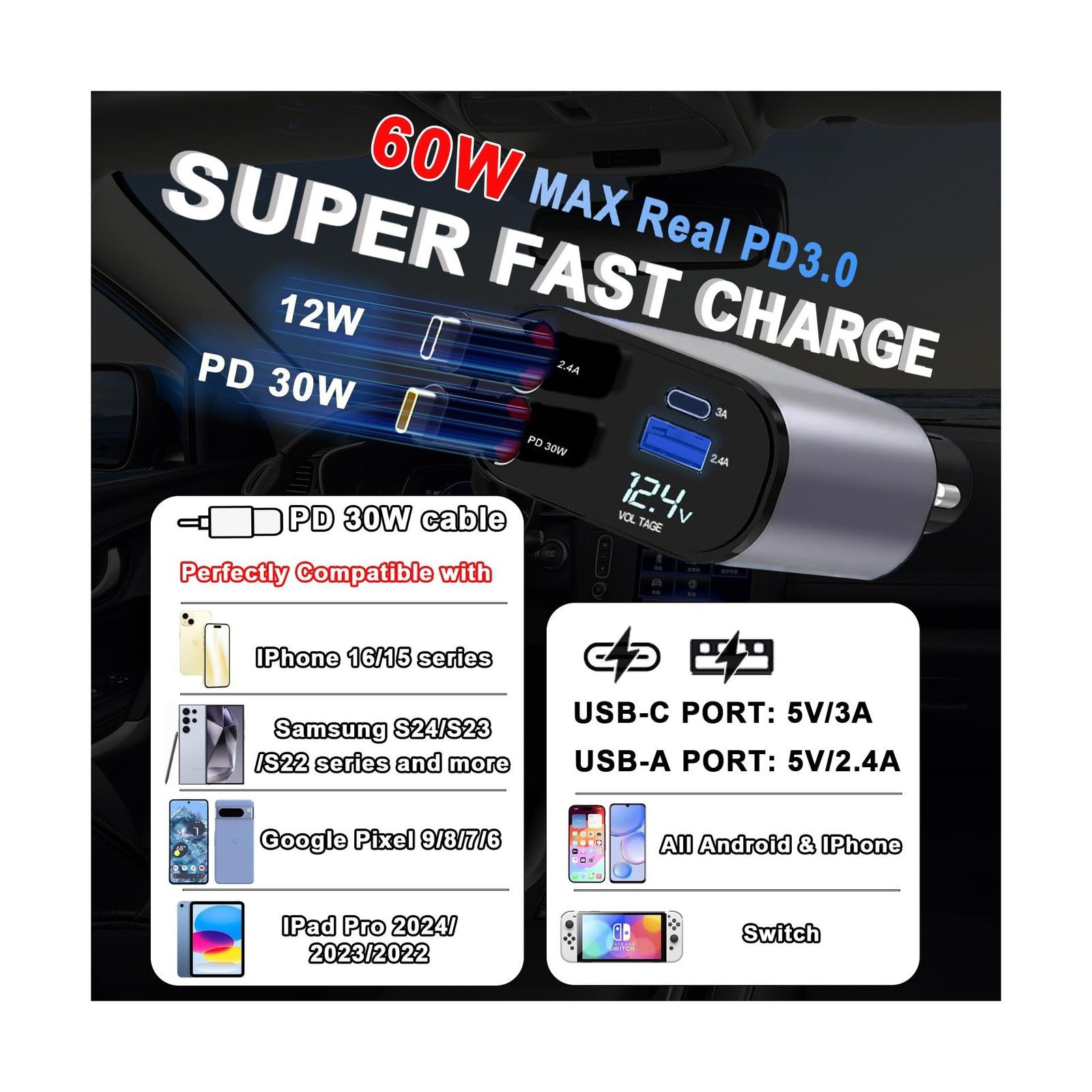 Retractable Car Charger 4 in 1 USB C Fast Charger with Dual Type-C … Fast Ship