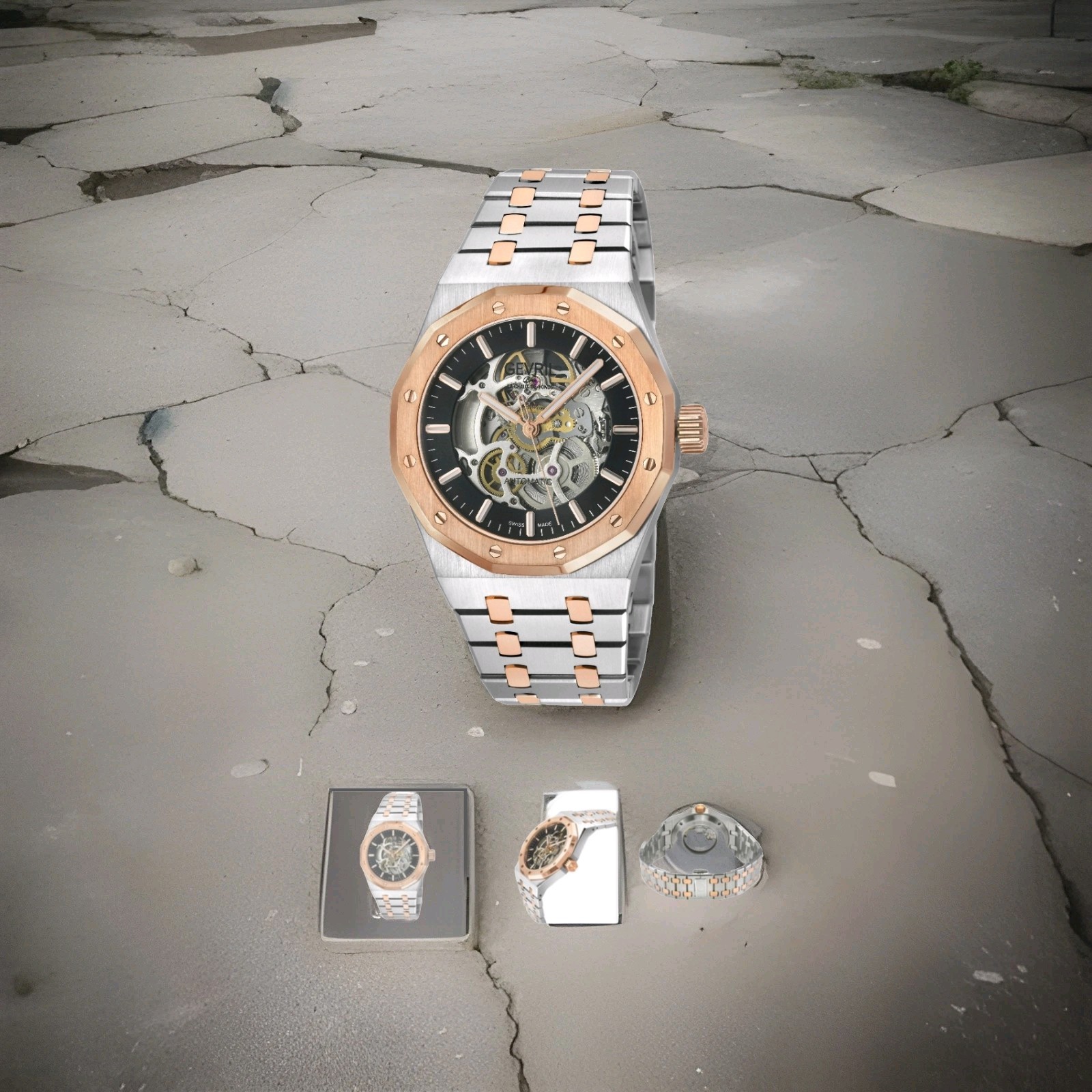 Gervil Gotham Series Skelton Watch (Rose & Silver *NIB)