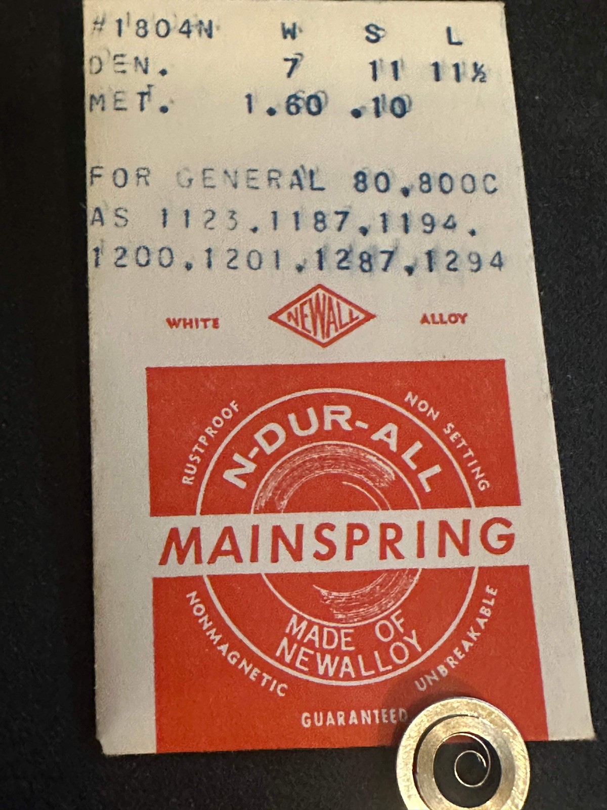 NEWALL Mainspring #1804N for General 80, 800C & AS 1123 to 1294 – Alloy